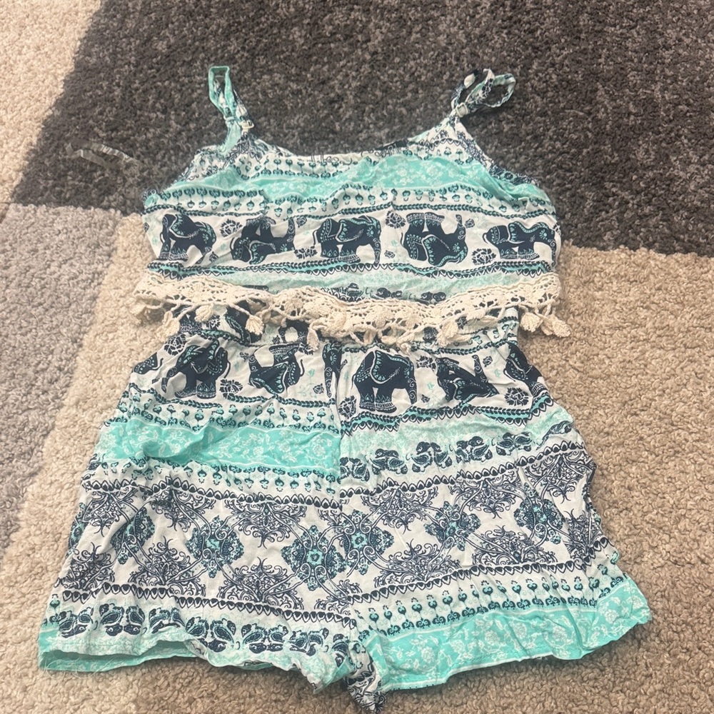 Elephant Print Romper with Lace Trim